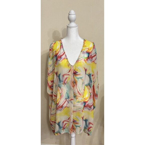 Alice + Olivia Dune Colorful Printed Silk-Cady Beach Swim Coverup Sheer One Size - Picture 3 of 11